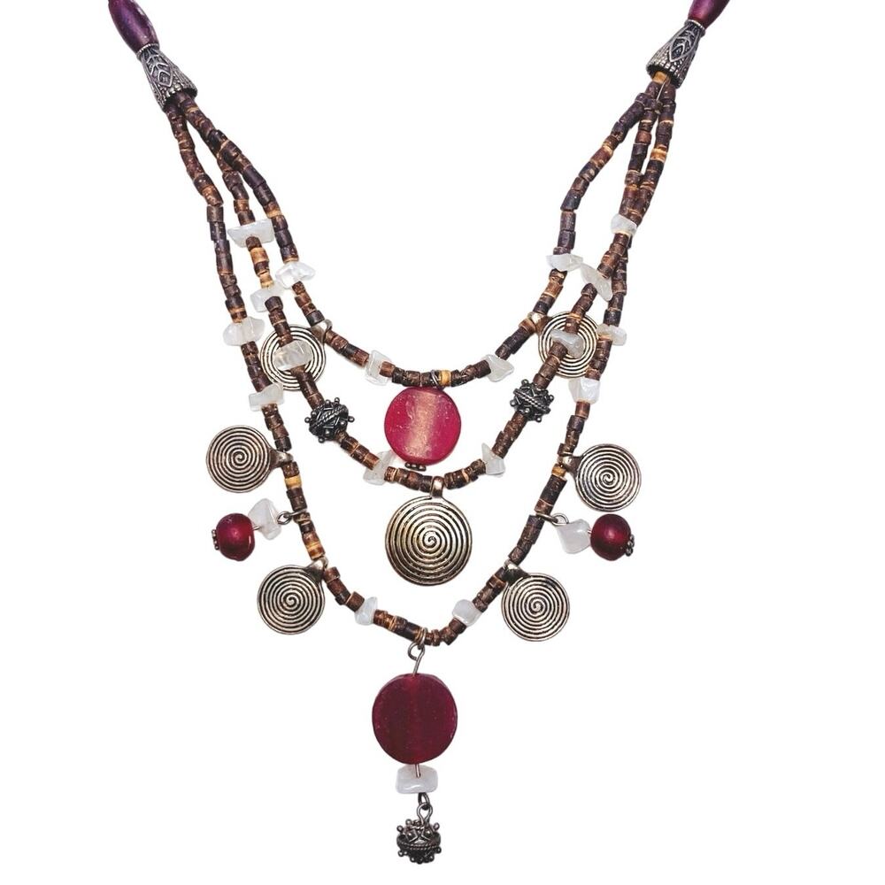 Tribal Multi-Strand Necklace Red Glass Spiral Charms Beaded Boho Statement, Y2K